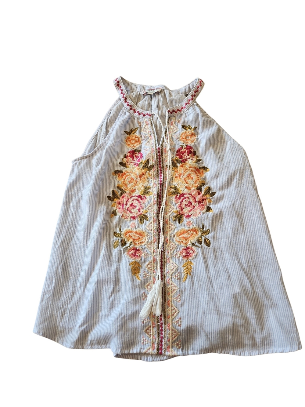 Embroidered White Blue Striped Floral Blouse Andree By Unit Boho Size Medium